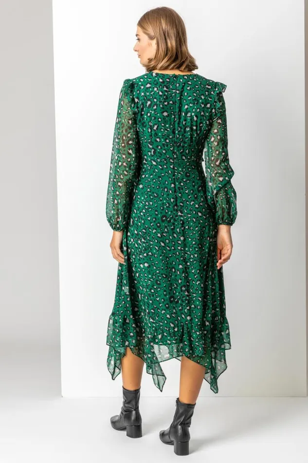 Green Animal Print Chiffon Midi Dress Women Roman Dresses