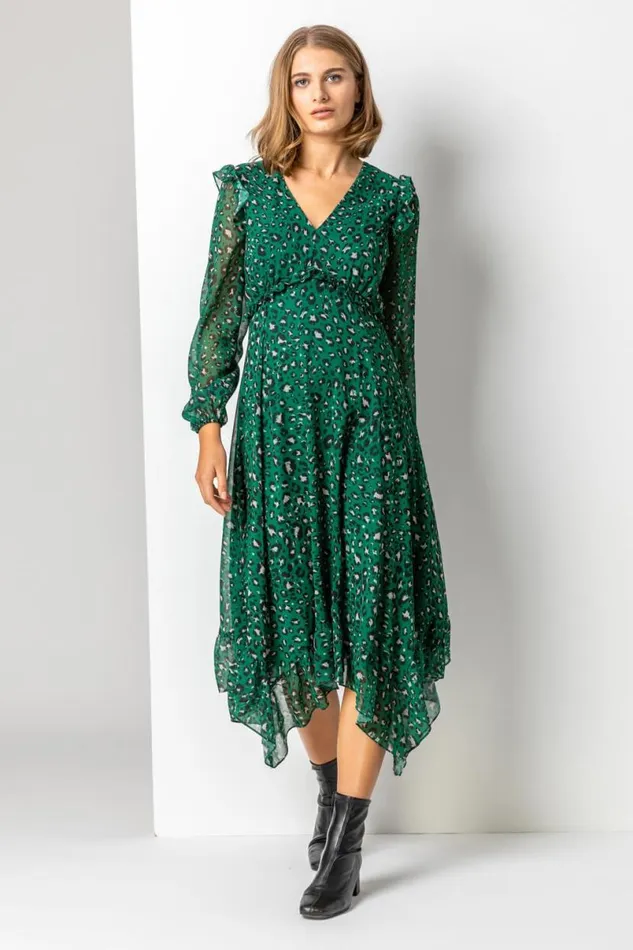Green Animal Print Chiffon Midi Dress Women Roman Dresses