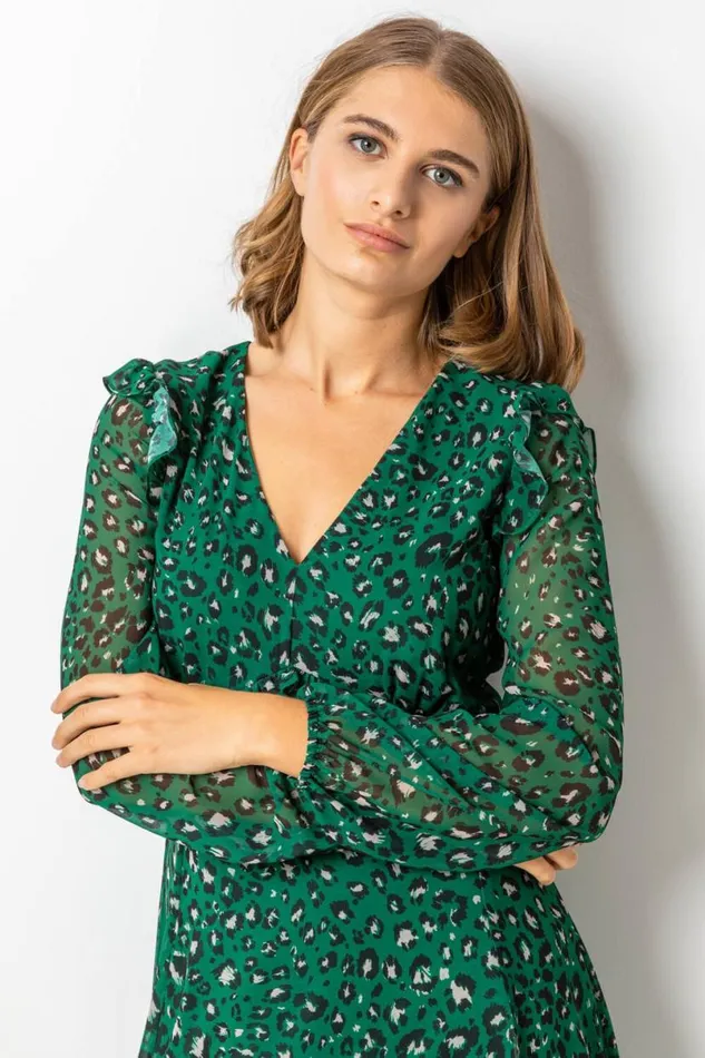 Green Animal Print Chiffon Midi Dress Women Roman Dresses