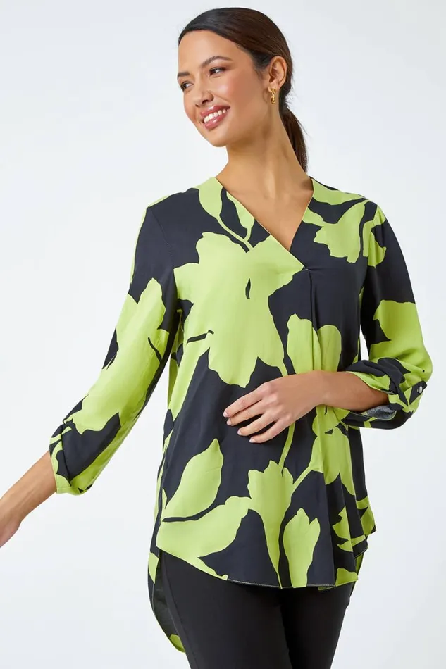 Green Bold Floral Print VNeck Pleat Front Top Women Roman Tops