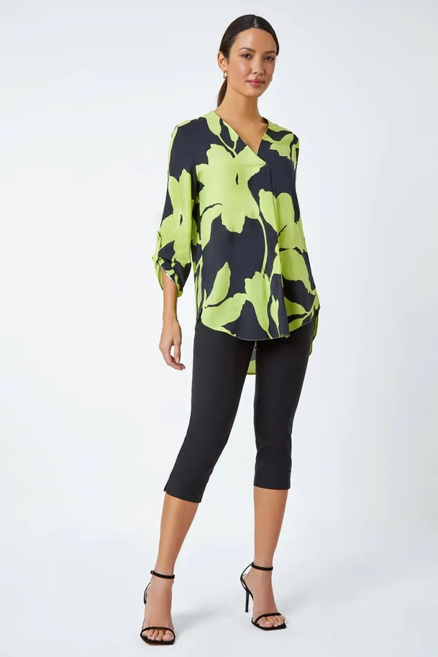 Green Bold Floral Print VNeck Pleat Front Top Women Roman Tops