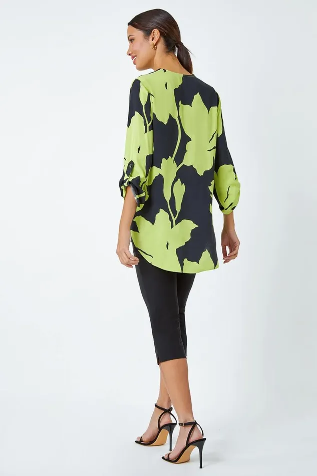 Green Bold Floral Print VNeck Pleat Front Top Women Roman Tops