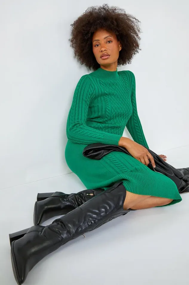 Green Cable Knit Midi Jumper Dress Women Roman Dresses