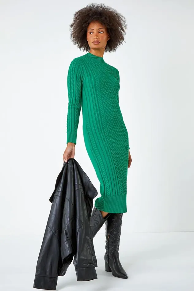 Green Cable Knit Midi Jumper Dress Women Roman Dresses