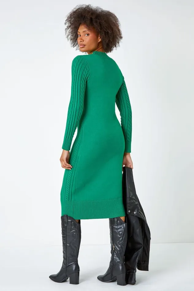 Green Cable Knit Midi Jumper Dress Women Roman Dresses
