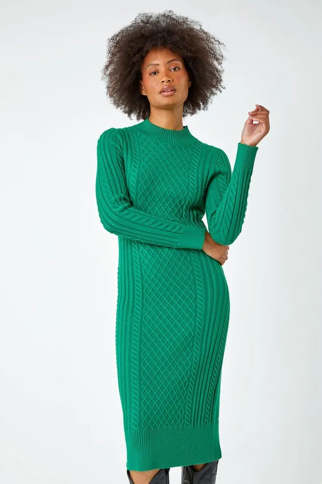 Green Cable Knit Midi Jumper Dress Women Roman Dresses
