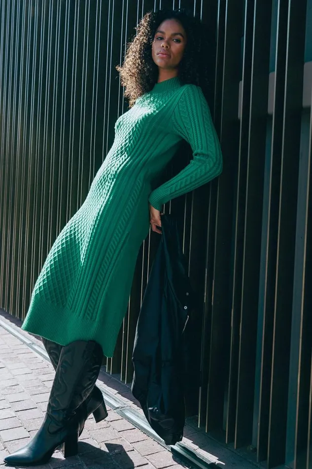 Green Cable Knit Midi Jumper Dress Women Roman Dresses