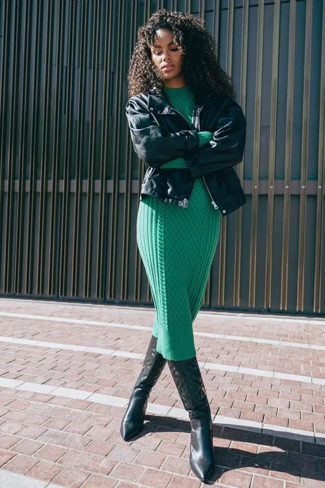 Green Cable Knit Midi Jumper Dress Women Roman Dresses