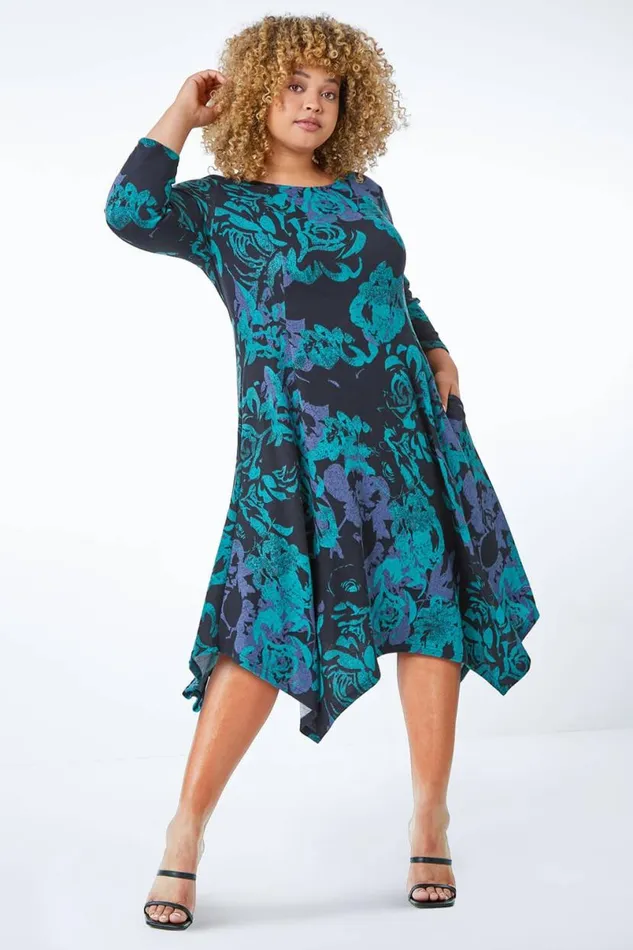 Green Curve Floral Print Asymmetric Tunic Dress Women Roman Dresses