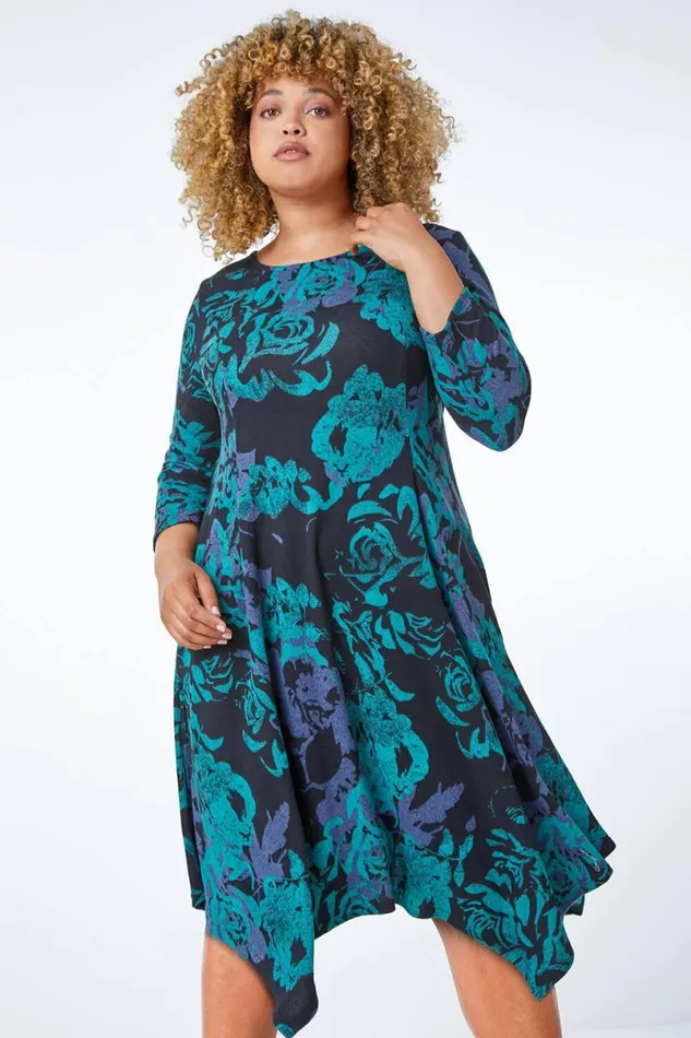 Green Curve Floral Print Asymmetric Tunic Dress Women Roman Dresses