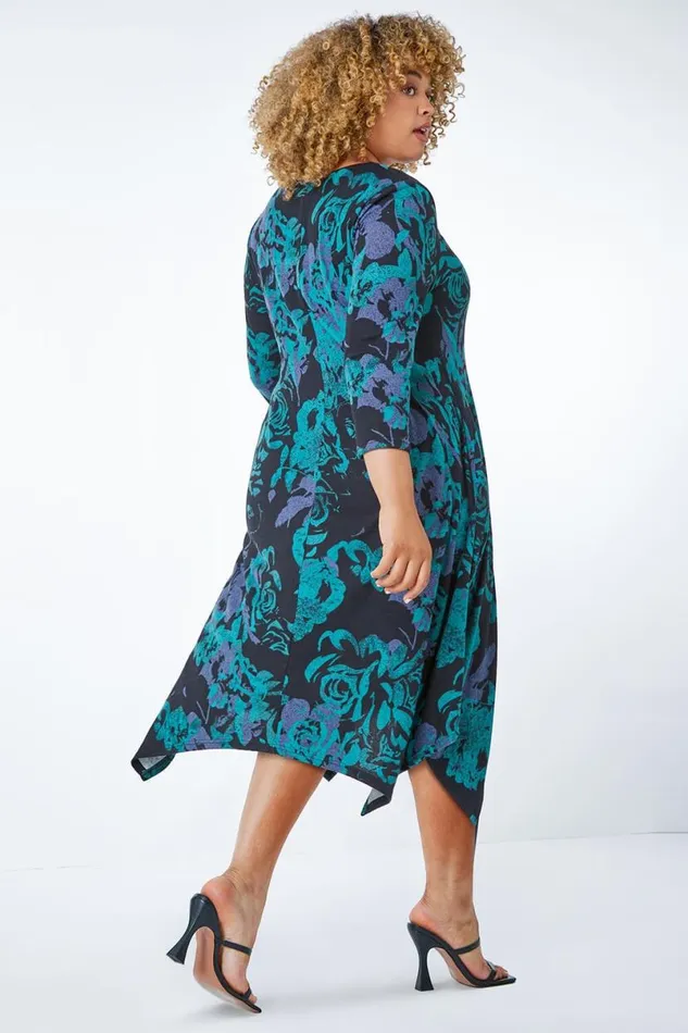 Green Curve Floral Print Asymmetric Tunic Dress Women Roman Dresses