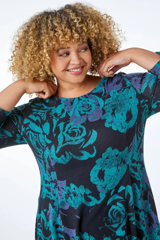 Green Curve Floral Print Asymmetric Tunic Dress Women Roman Dresses