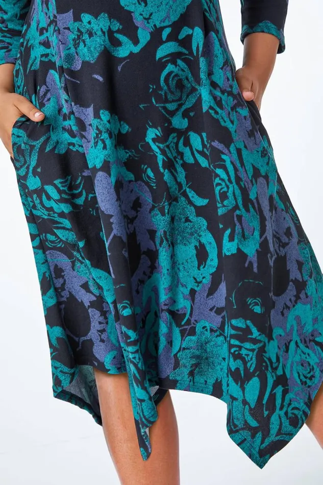 Green Curve Floral Print Asymmetric Tunic Dress Women Roman Dresses