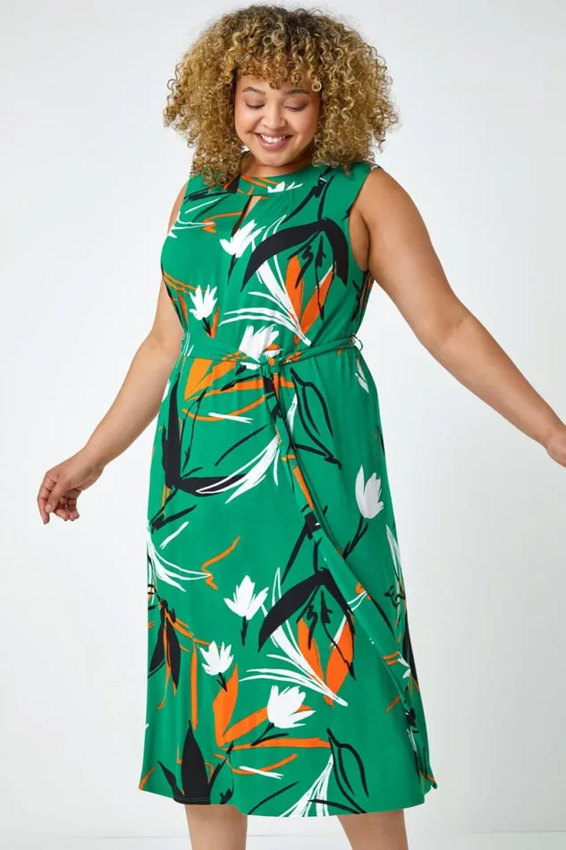 Green Curve Leaf Print Tie Detail Dress Women Roman Dresses