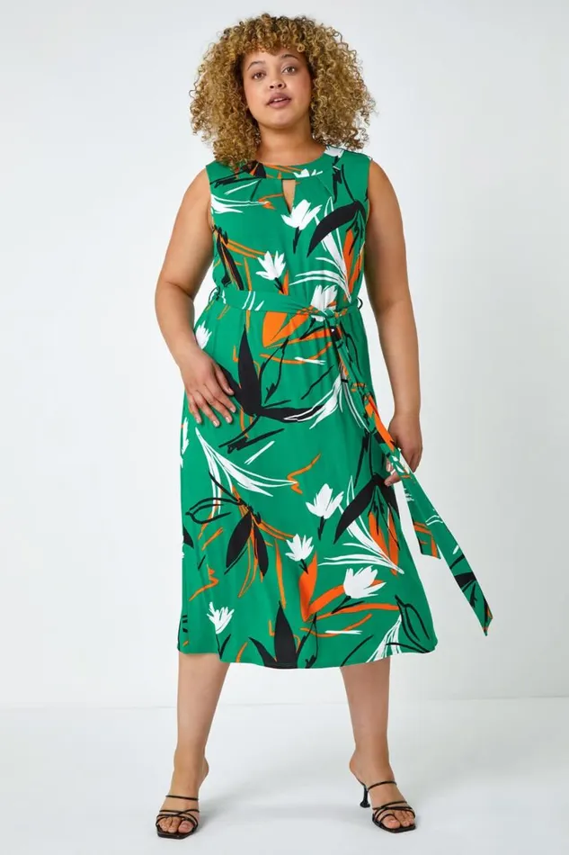 Green Curve Leaf Print Tie Detail Dress Women Roman Dresses