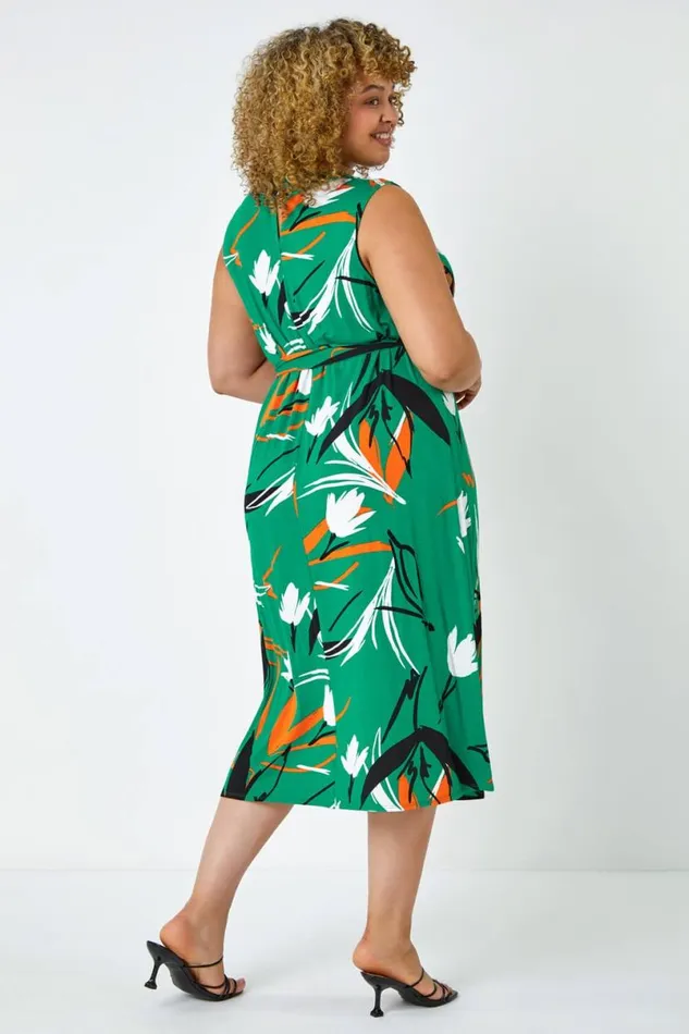 Green Curve Leaf Print Tie Detail Dress Women Roman Dresses