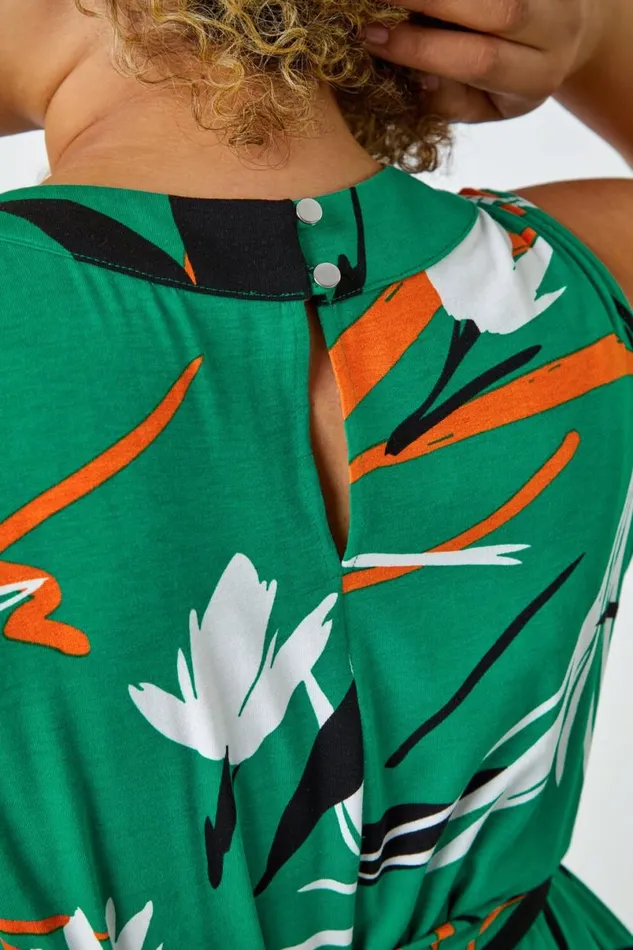 Green Curve Leaf Print Tie Detail Dress Women Roman Dresses