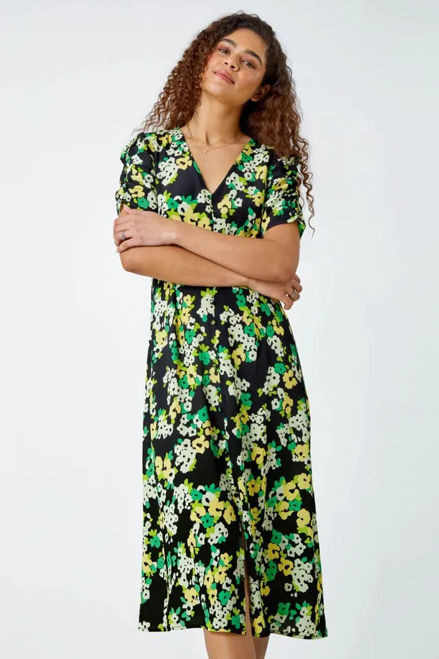 Green Ditsy Floral Ruched Sleeve Midi Dress Women Roman Dresses