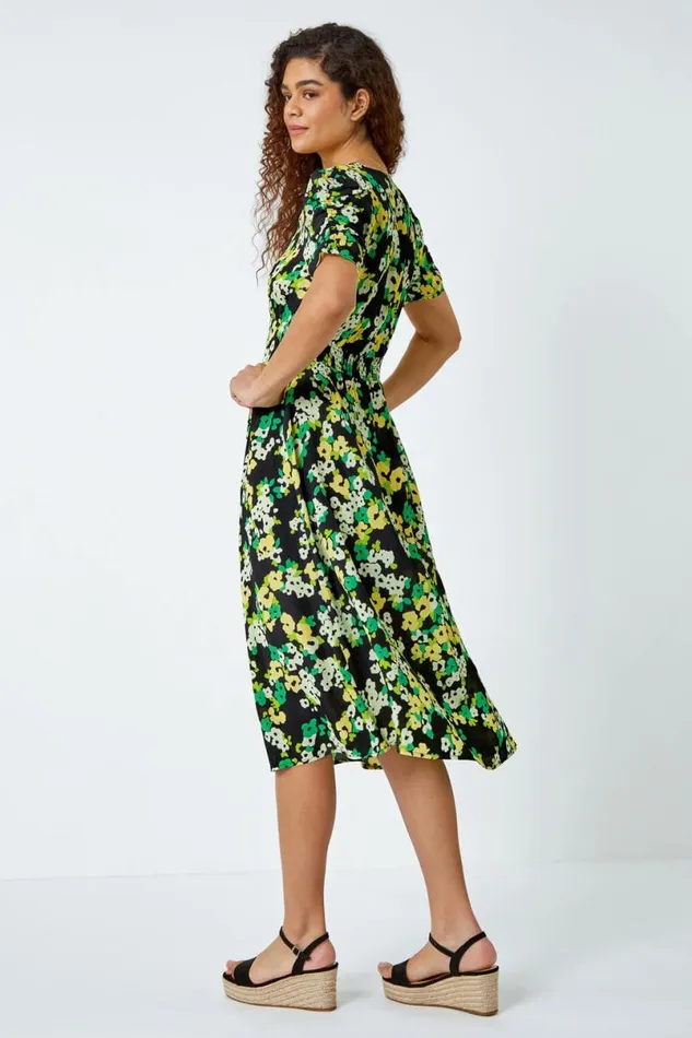 Green Ditsy Floral Ruched Sleeve Midi Dress Women Roman Dresses
