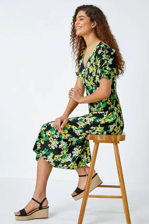 Green Ditsy Floral Ruched Sleeve Midi Dress Women Roman Dresses