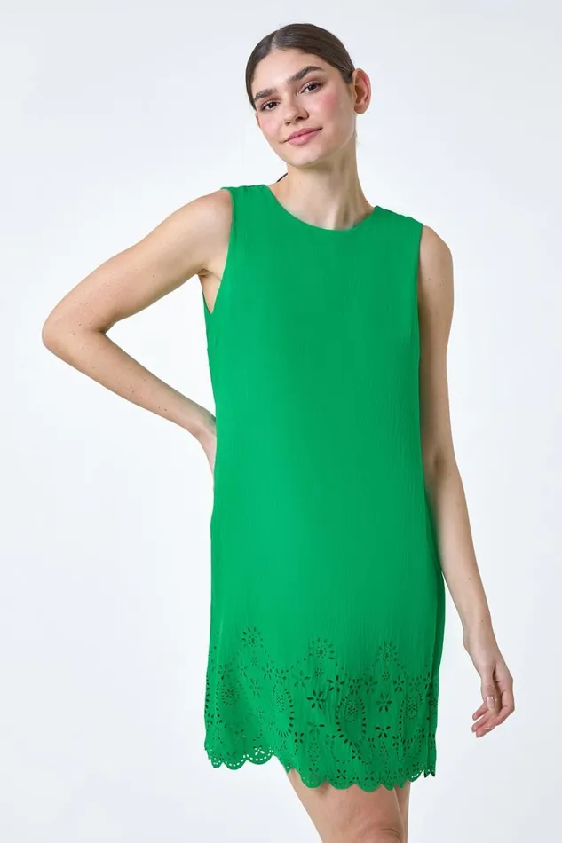 Green Floral Hem Textured Shift Dress Women Roman Dresses