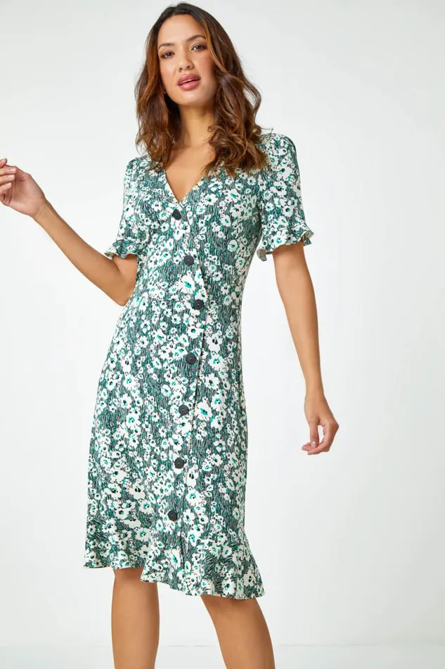 Green Floral Print Button Detail Tea Dress Women Roman Dresses