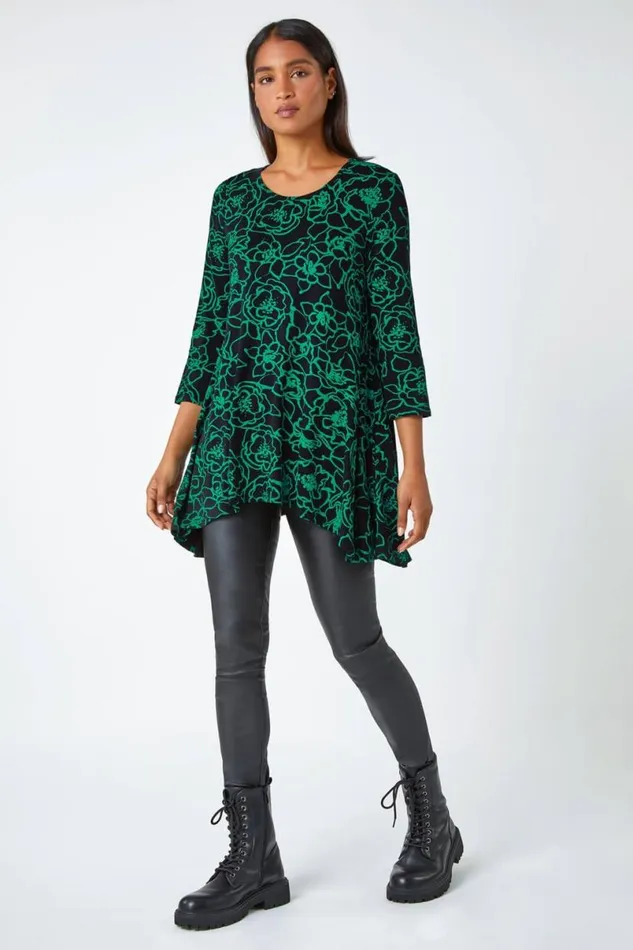 Green Floral Print Hanky Hem Stretch Tunic Top Women Roman Tops