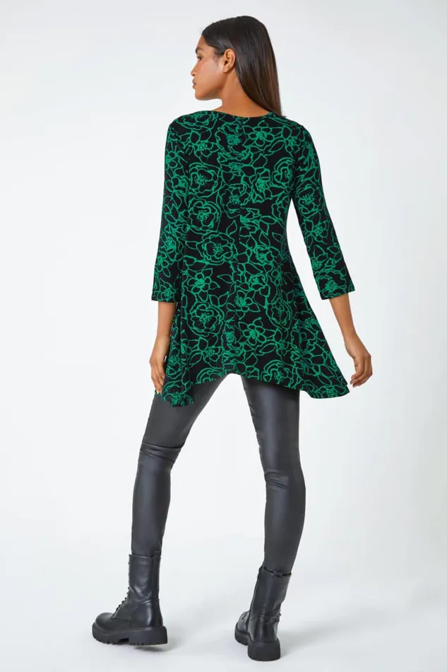 Green Floral Print Hanky Hem Stretch Tunic Top Women Roman Tops