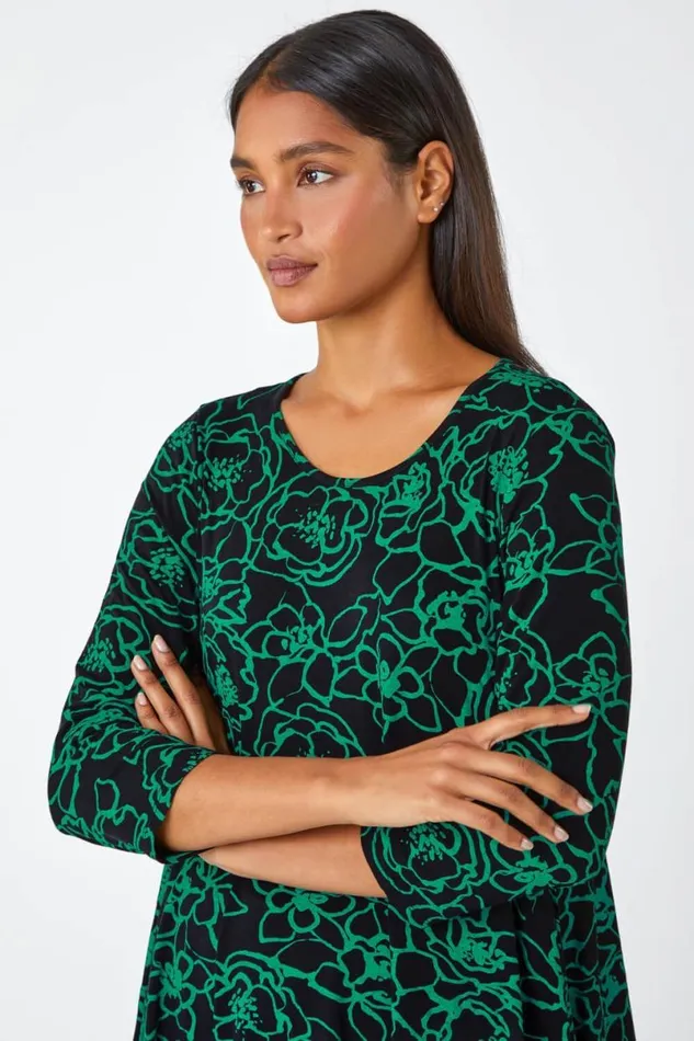 Green Floral Print Hanky Hem Stretch Tunic Top Women Roman Tops