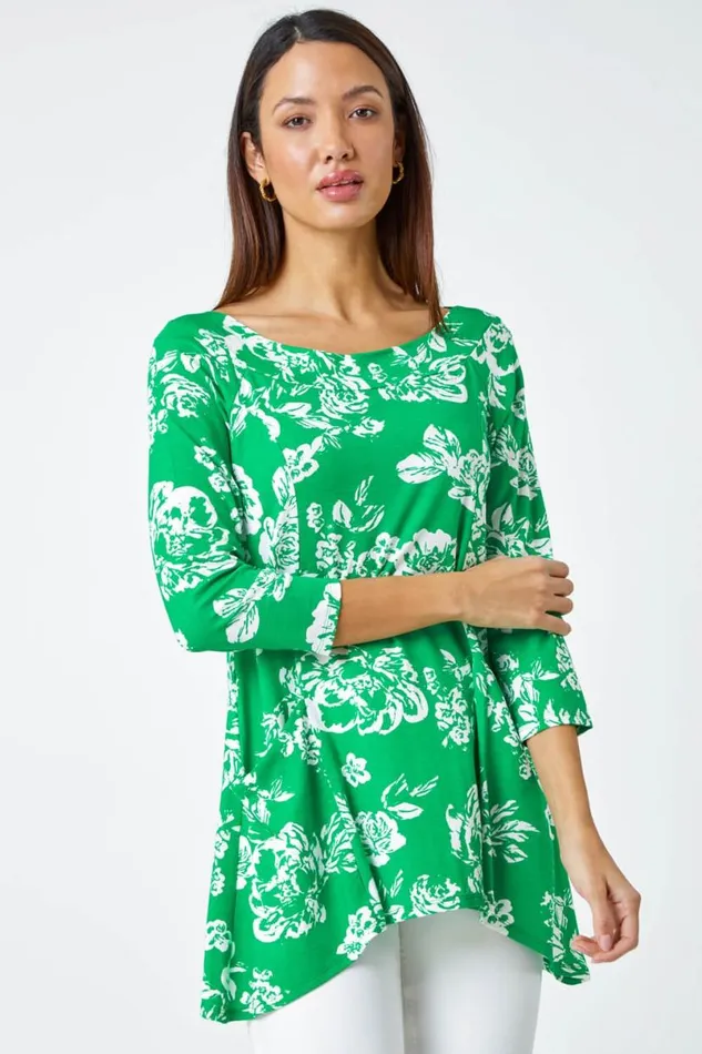 Green Floral Print Swing Stretch Top Women Roman Tops