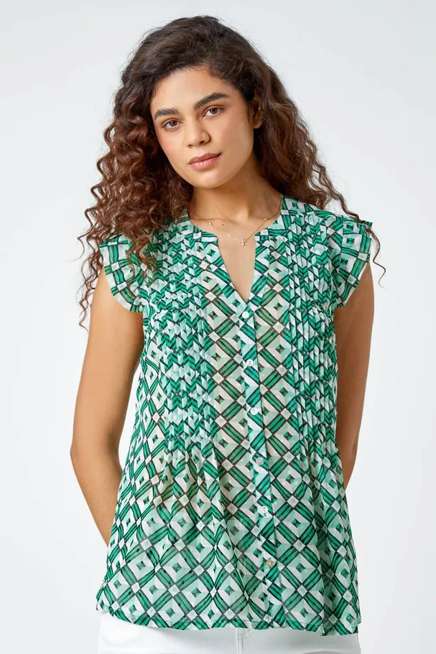 Green Frill Sleeve Geometric Print VNeck Blouse Women Roman Tops