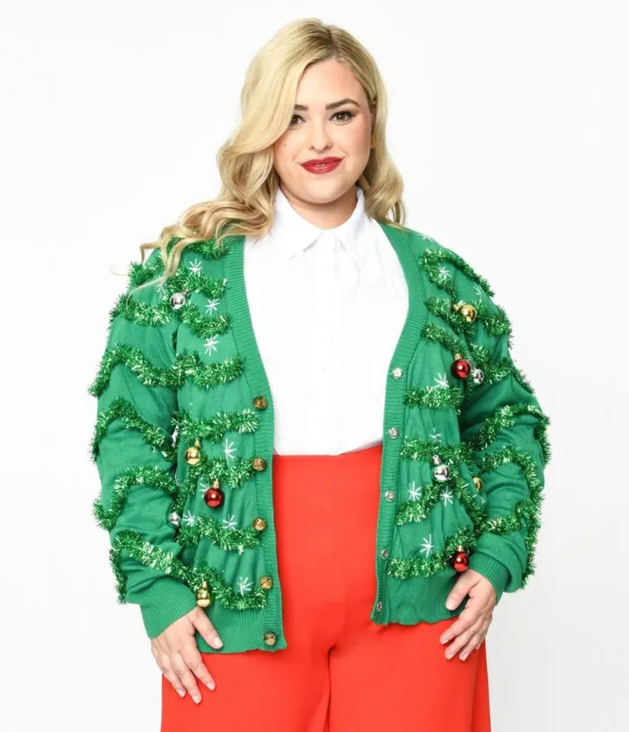Green Garland and Ornament Cardigan ClothingPlus Unique Vintage Sweaters and Cardigans