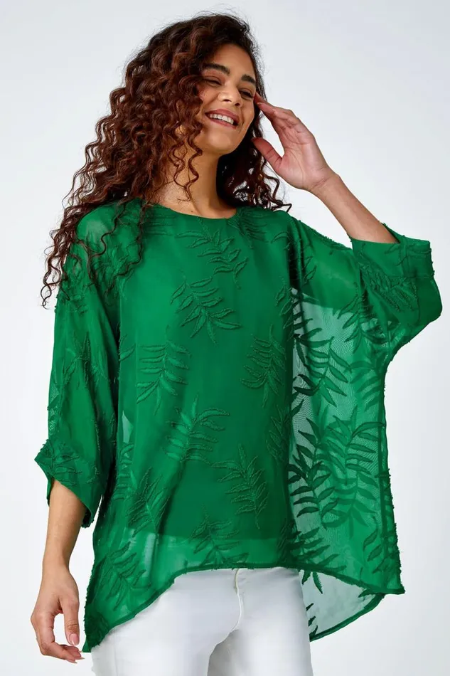 Green Leaf Burnout Print Chiffon Overlay Top Women Roman Tops