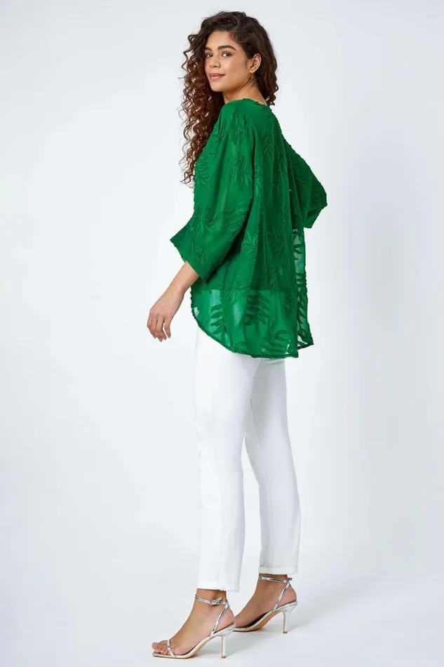 Green Leaf Burnout Print Chiffon Overlay Top Women Roman Tops