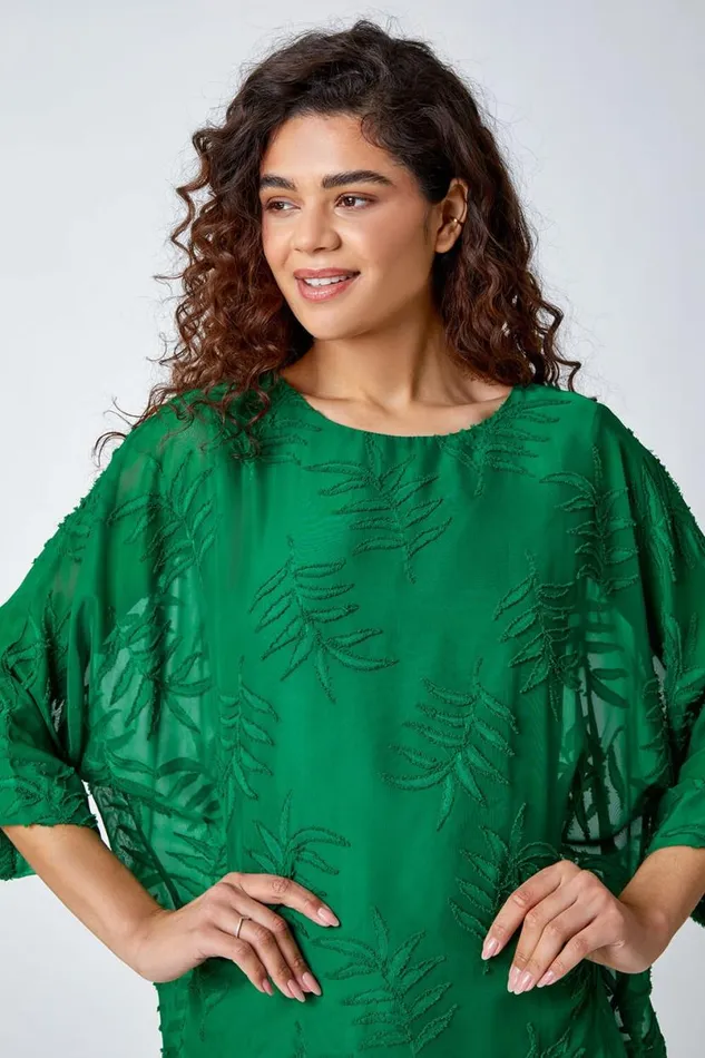 Green Leaf Burnout Print Chiffon Overlay Top Women Roman Tops
