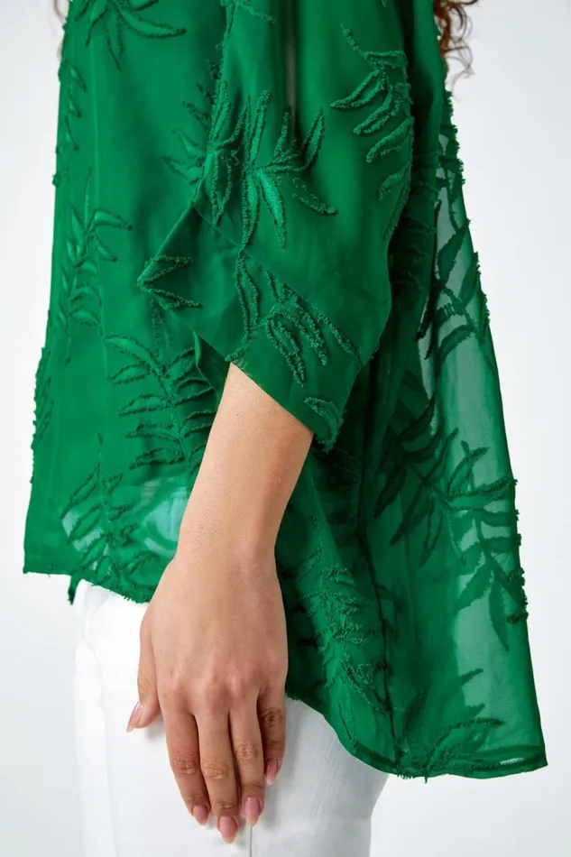 Green Leaf Burnout Print Chiffon Overlay Top Women Roman Tops
