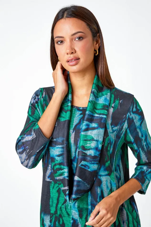Green Marble Print Stretch Top With Snood Women Roman Tops