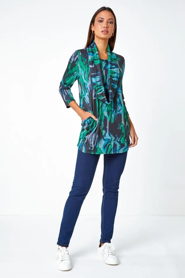 Green Marble Print Stretch Top With Snood Women Roman Tops
