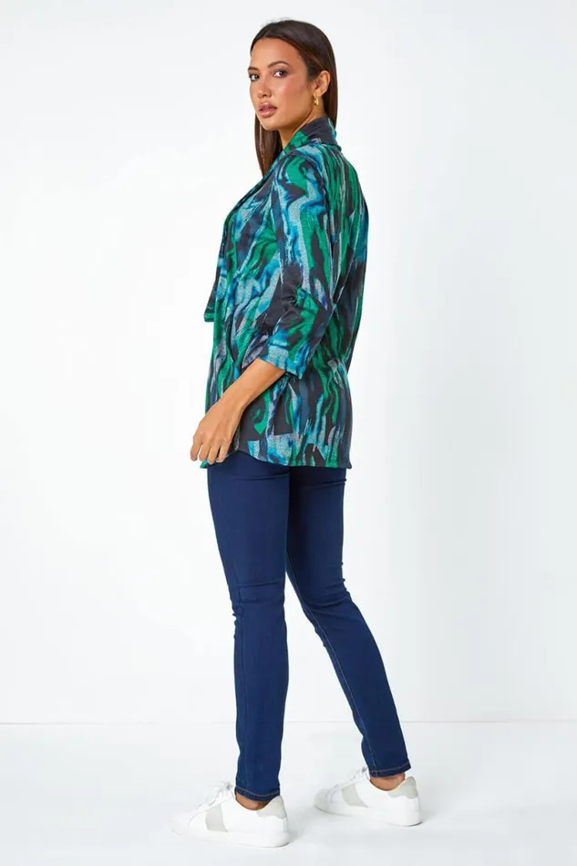 Green Marble Print Stretch Top With Snood Women Roman Tops