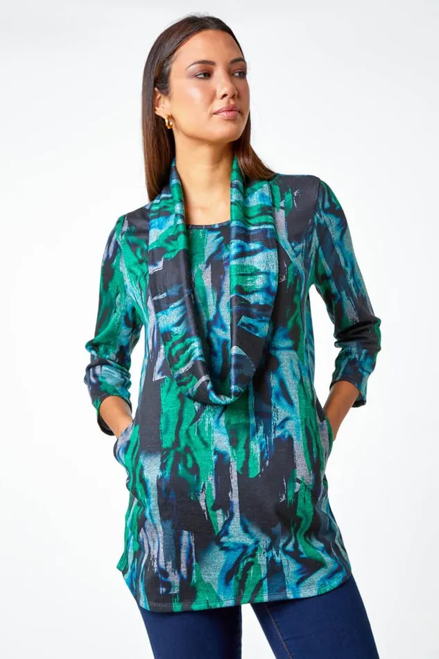Green Marble Print Stretch Top With Snood Women Roman Tops