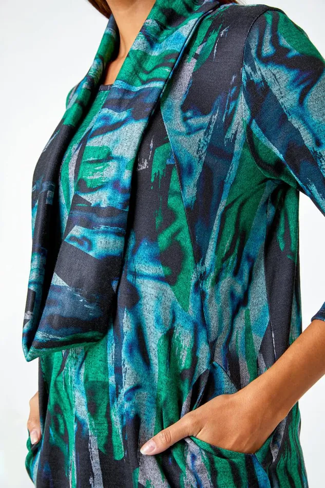 Green Marble Print Stretch Top With Snood Women Roman Tops