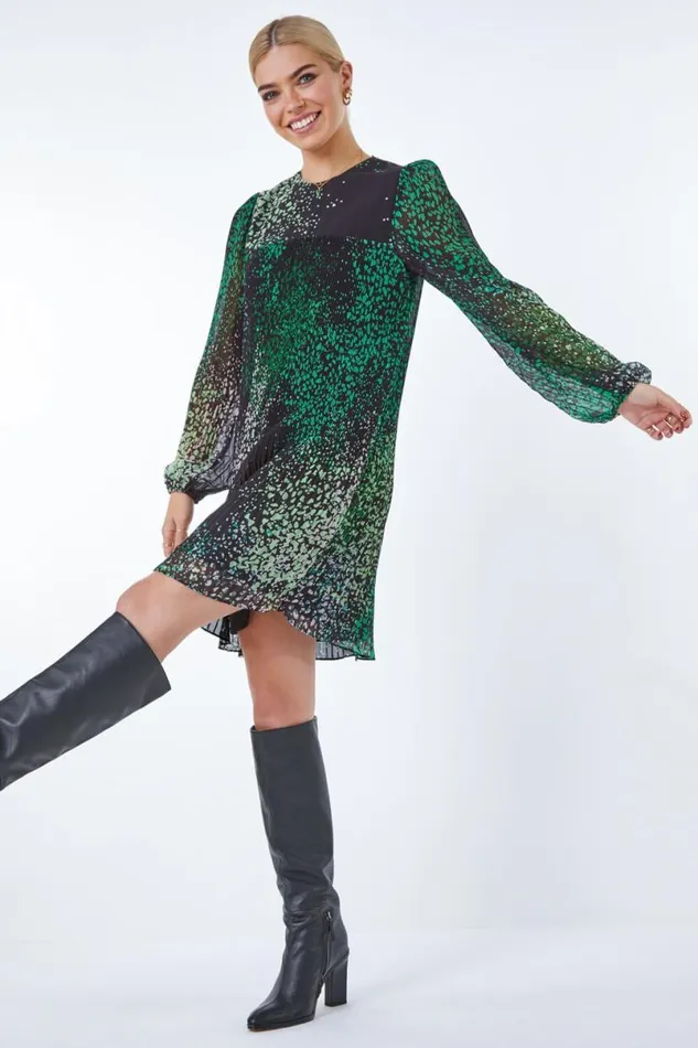 Green Pebble Print Chiffon Plisse Swing Dress Women Roman Dresses