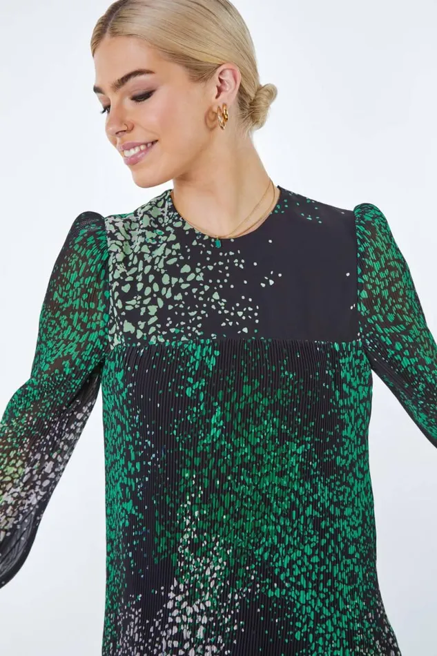 Green Pebble Print Chiffon Plisse Swing Dress Women Roman Dresses
