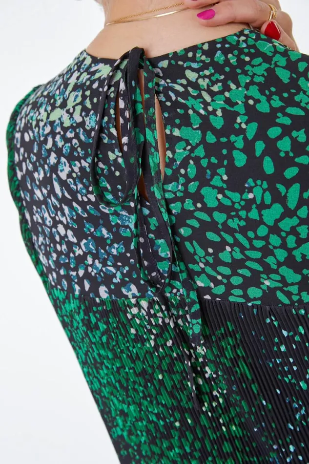 Green Pebble Print Chiffon Plisse Swing Dress Women Roman Dresses