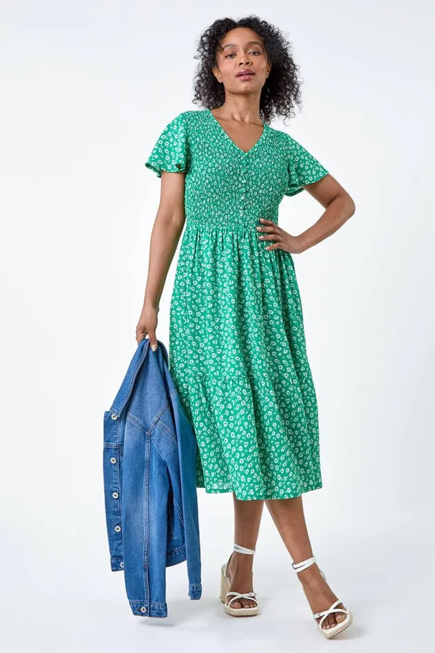 Green Petite Ditsy Floral Shirred Midi Dress Women Roman Dresses