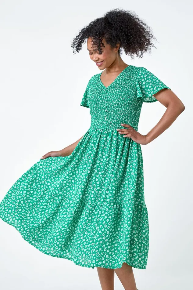 Green Petite Ditsy Floral Shirred Midi Dress Women Roman Dresses