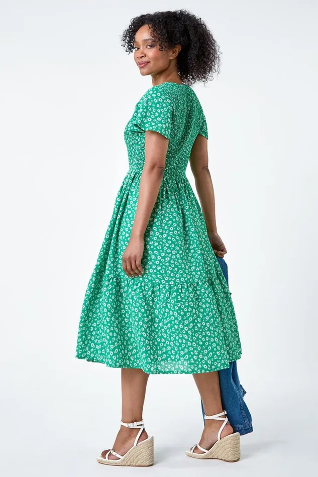 Green Petite Ditsy Floral Shirred Midi Dress Women Roman Dresses