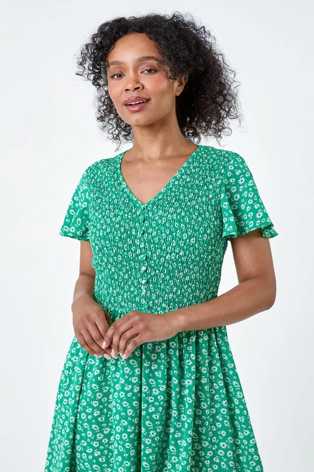 Green Petite Ditsy Floral Shirred Midi Dress Women Roman Dresses