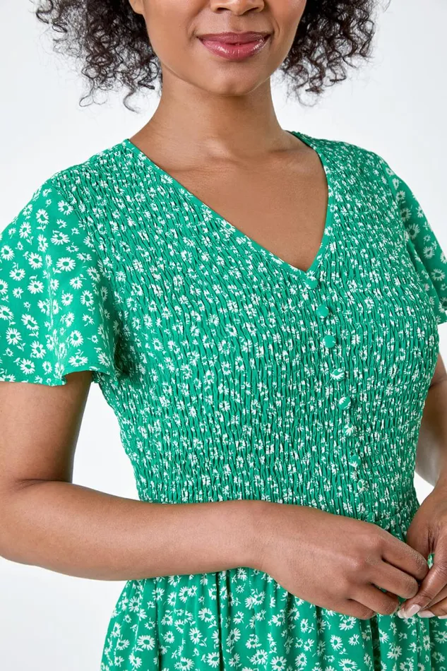 Green Petite Ditsy Floral Shirred Midi Dress Women Roman Dresses
