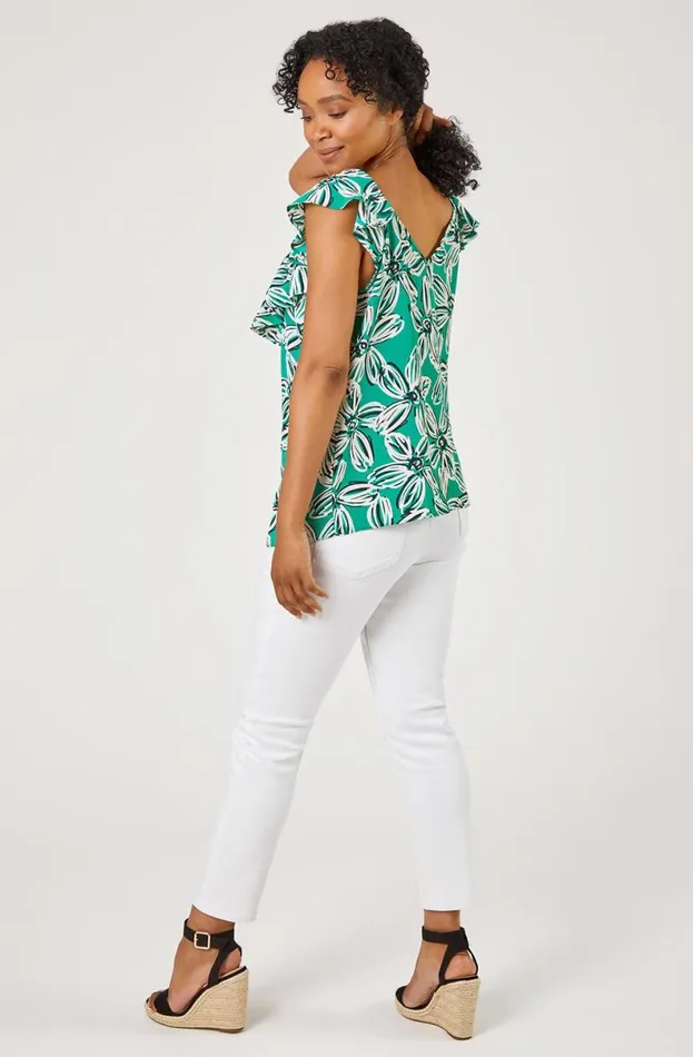 Green Petite Floral Print Frill Detail Top Women Roman Tops